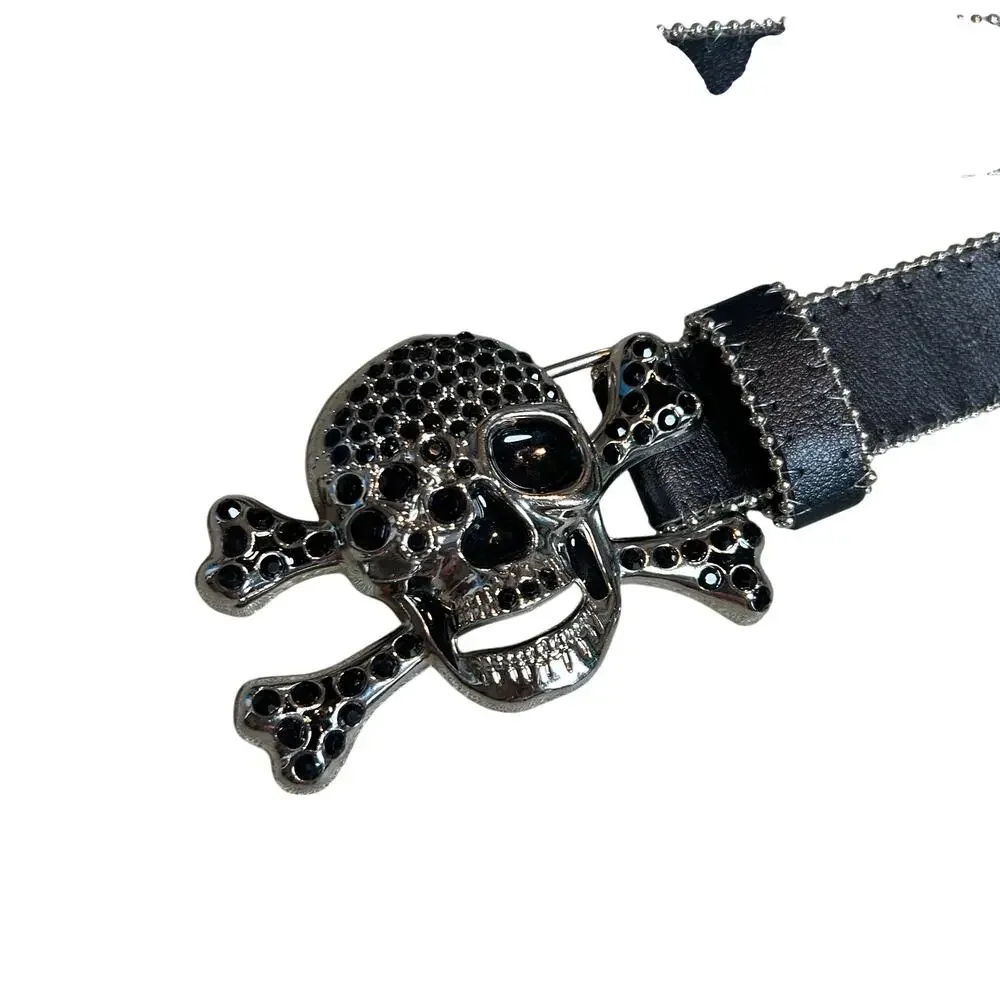 Pirate Belt Silver Rhinestone Skull Black Leather Glam Rock Goth Y2K Punk Grunge